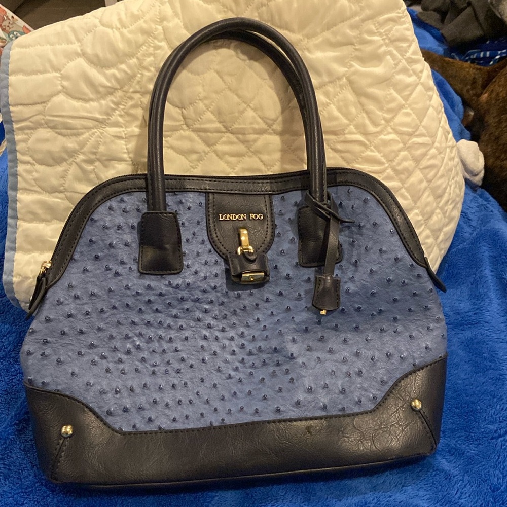London Fog Leather Trim Ostritch Handle Bag Gold tone Hardware